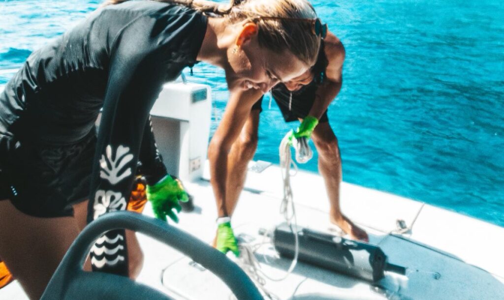 Conservation team is assisting the PhD researcher to collect eDNA from the reef around Fregate Island